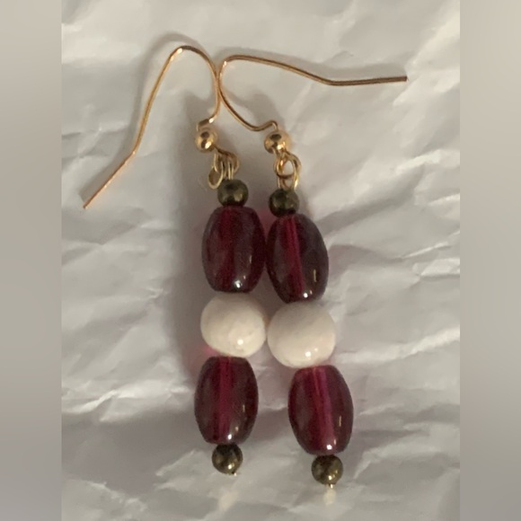 Hand Crafted earrings w/ raspberry vintage glass beads and moonstone. Hang 2.25” - Picture 2 of 2